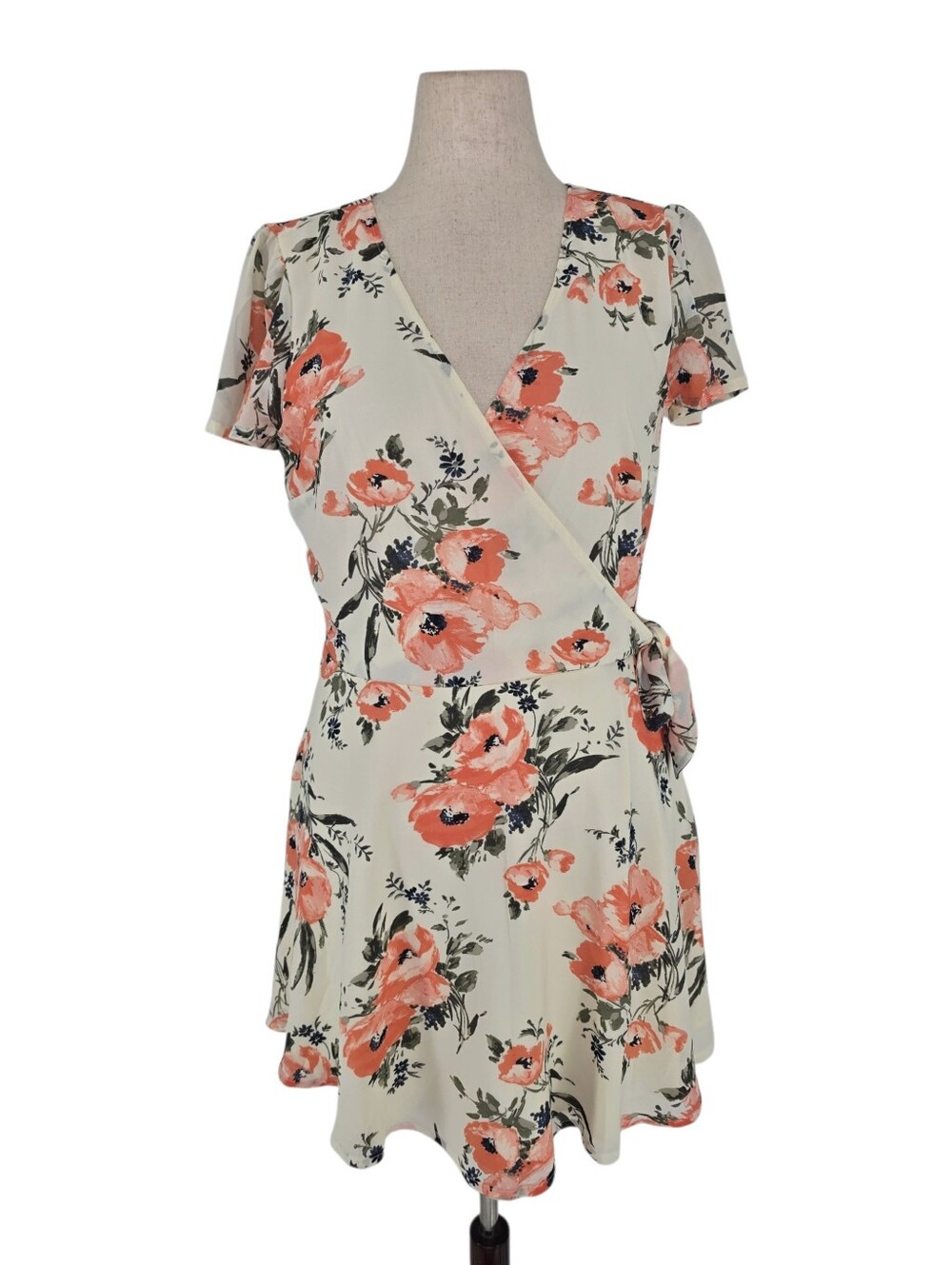 Abercrombie & Fitch Floral Wrap Mini Dress L Cream Coral Fit & Flare - Picture 2 of 11